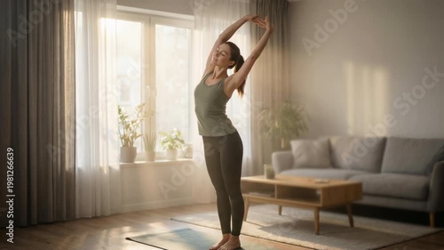 Athletic Young Woman Doing A Gentle Morning Stretch Near A Large Window In A Bright Modern Living Room. Daylight From The Large Window And A Gentle Stretching Posture Shape The Morning Routine