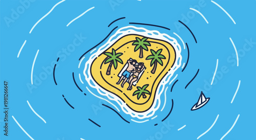 Couple relaxing on a tropical island with palm trees and a distant sailboat