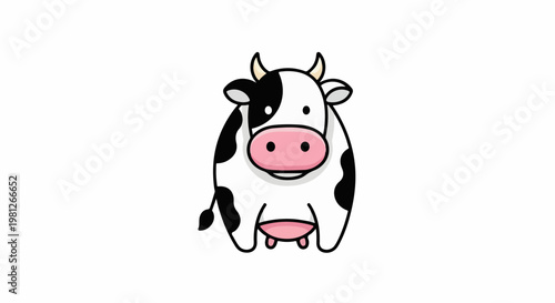 Cute cartoon cow with black and white spots, pink nose, and udders