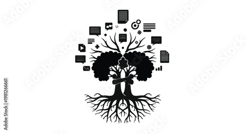 black tree with roots and social media icons