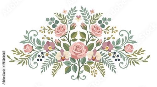 Elegant symmetrical floral arrangement with pink roses, orchids, and green leaves in a decorative border design