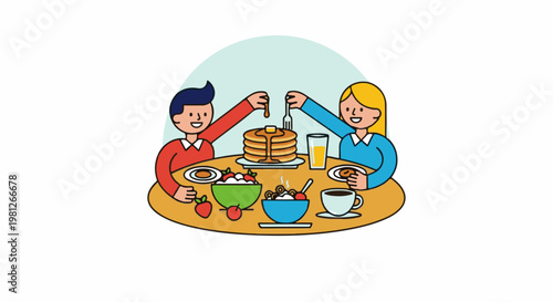 Couple enjoying breakfast with pancakes, fruit, cereal, and coffee