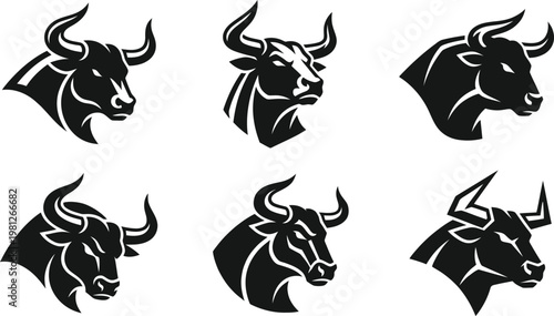 Six black and white vector illustrations of bull heads in various orientations and designs