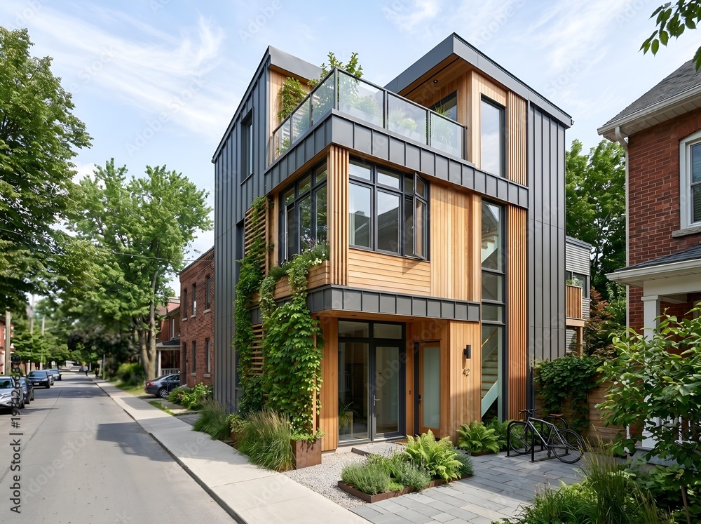 Obraz premium Modern Residential Architecture with Wood Paneling Dark Metal and Green Plants