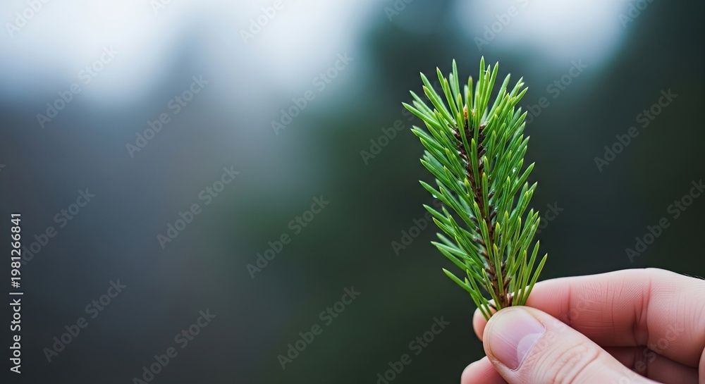 Close-up image of fresh green spruce branch held in hand against blurred background. Spruce branch showcases unique textures, representing natural beauty and simplicity.