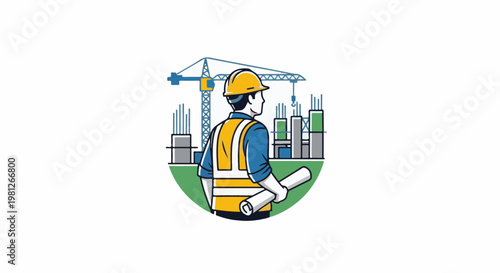 Construction worker with plans at a building site with crane