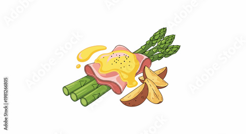 Delicious breakfast with asparagus, ham, sauce and potato wedges
