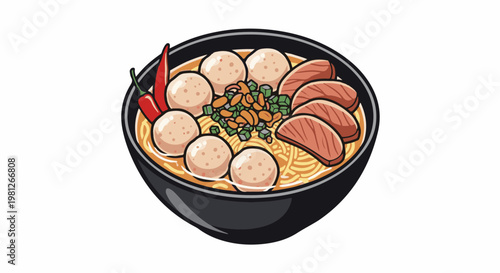 Delicious bowl of noodles with meatballs, meat slices, chili peppers, and garnish