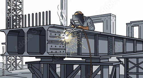 Construction worker welds large metal beams, sparks fly