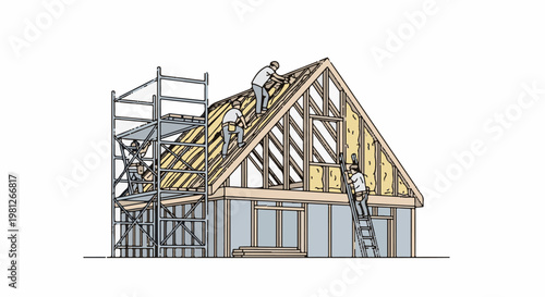 Construction workers building a house with scaffolding and ladders