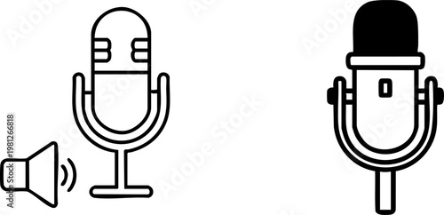 Retro microphone icons set, vintage studio mic vector illustrations, podcast and radio broadcasting equipment, black and white audio symbols