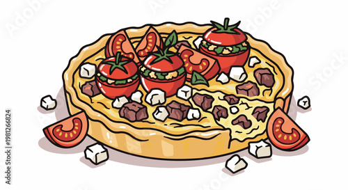 Delicious cartoon-style pie with tomatoes, meat, and cheese