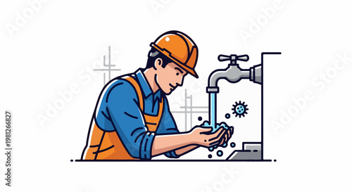 Construction worker washing hands under running water with virus icon