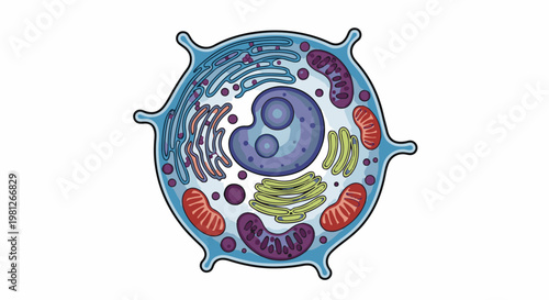 Detailed illustration of a hexagonal animal cell with organelles and nucleus