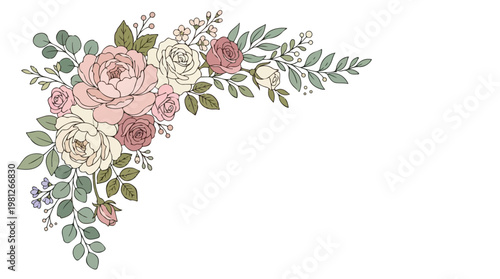 Elegant floral corner arrangement with delicate roses and eucalyptus leaves in soft pastel colors