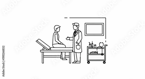 Doctor consulting patient on examination bed with medical cart