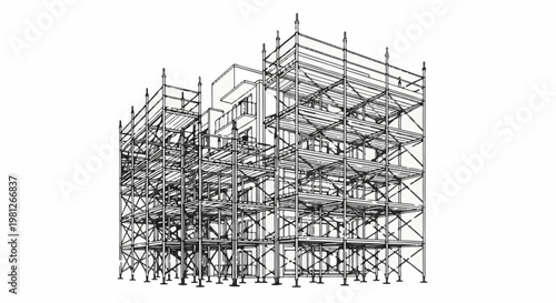 Detailed line drawing of a multi-story building structure surrounded by scaffolding