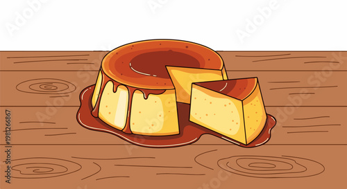 Delicious creamy dessert with caramel glaze on wooden table