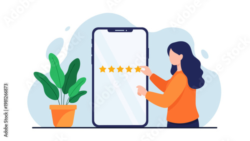 Woman Giving Five Star Rating on Mobile Phone Application Review Concept