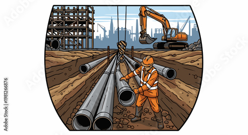 Construction worker installs pipes with excavator and industrial background