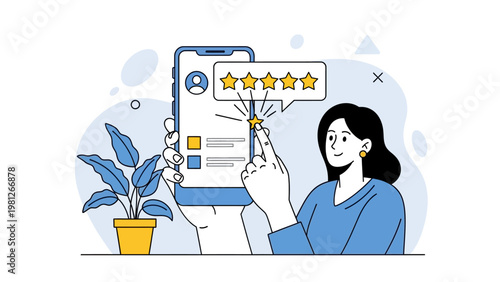Woman Giving Five Star Rating Review on Mobile App
