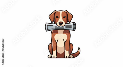Cute cartoon dog sitting with rolled newspaper in mouth