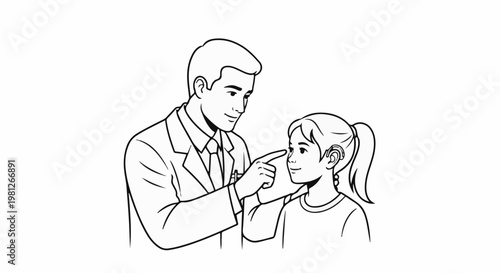 Doctor examining a child's eye with a hearing aid
