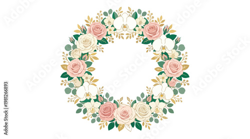 Beautiful floral wreath with delicate roses and green leaves arranged in a circular pattern for decoration