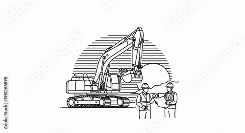 Construction site with excavator and two workers discussing blueprints under a striped sun