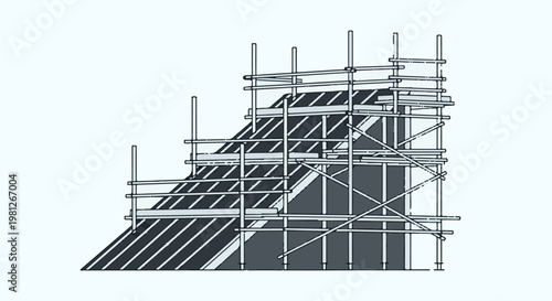 Construction scaffolding structure with angled platforms on a light blue background