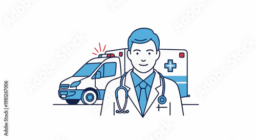 Doctor with stethoscope stands in front of an ambulance with a medical cross