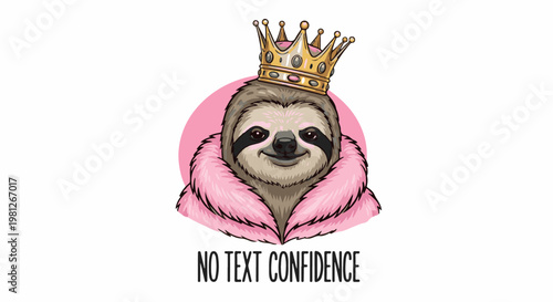 Confident sloth queen in a crown and fluffy pink stole