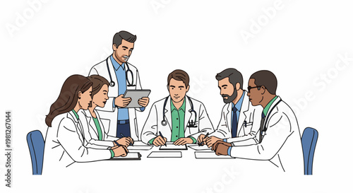 Doctors in a meeting, one standing, others seated at a table