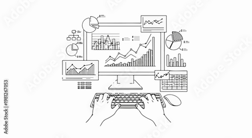 Computer displaying multiple charts and graphs, hands on keyboard