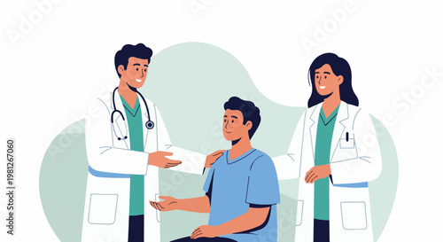 Doctors in white coats attending to a smiling patient in blue