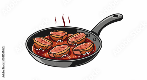Delicious meat pieces simmering in a rich red sauce in a frying pan, with steam rising
