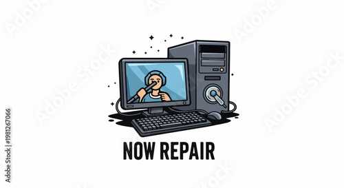 Computer and monitor showing technician fixing screen