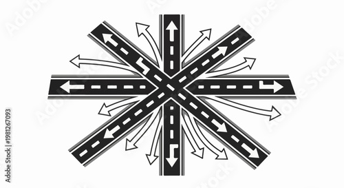 Complex road intersection with multiple lanes and arrows indicating flow
