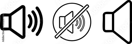 Minimalist speaker icon set, volume control symbols for audio interface, black line art sound and mute buttons for digital media apps