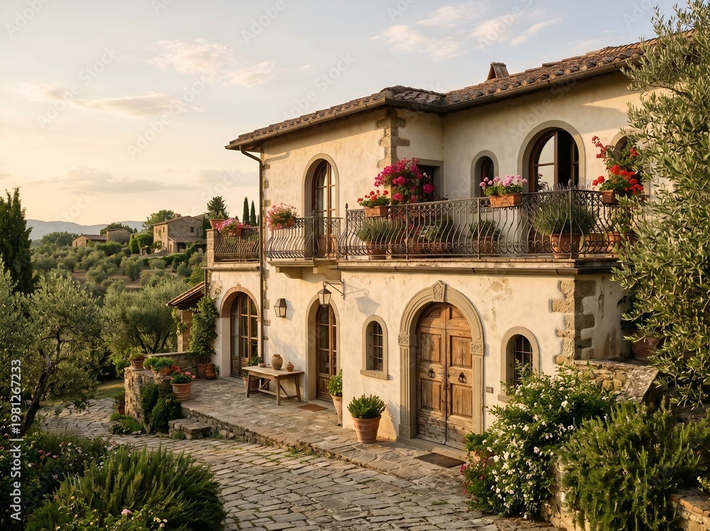 Naklejka premium Tuscany Villa with Balcony and Olive Groves at Golden Hour Sunset