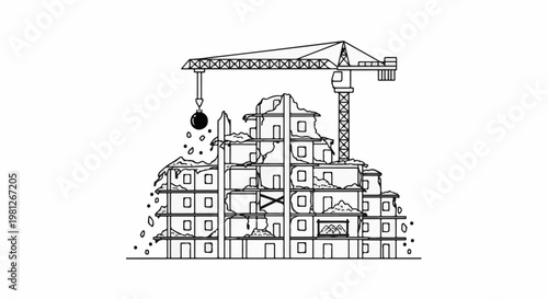Demolition of a multi-story building with a wrecking ball and crane