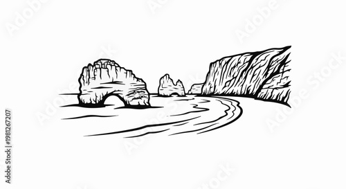 Dramatic coastal rock formations and a winding shoreline in a monochrome sketch