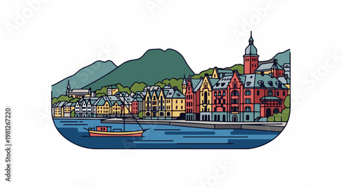 Colorful waterfront buildings and a boat beneath green mountains