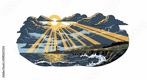 Dramatic coastal scene with lighthouse under stormy, sun-dappled skies