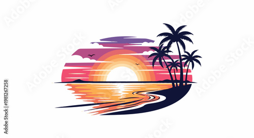 Colorful sunset over ocean with palm trees and reflection