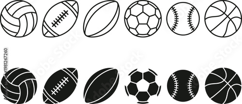Vector illustration of various sports balls in black and white designs