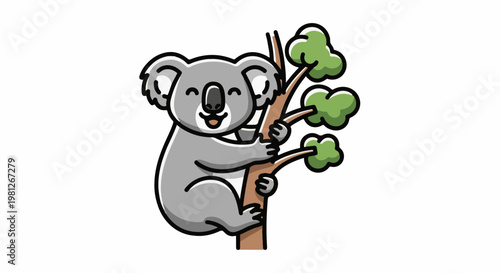 Cute cartoon koala clinging to a tree branch