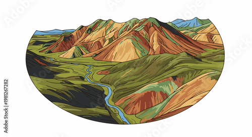 Colorful, stylized mountain range with a winding river through green valleys