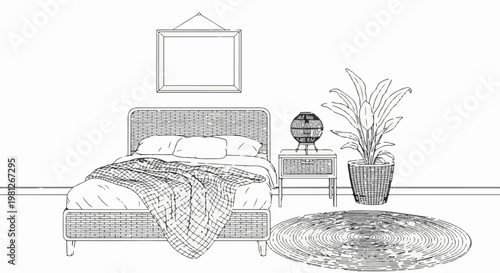 Cozy bedroom interior sketch with bed, nightstand, plant, and rug