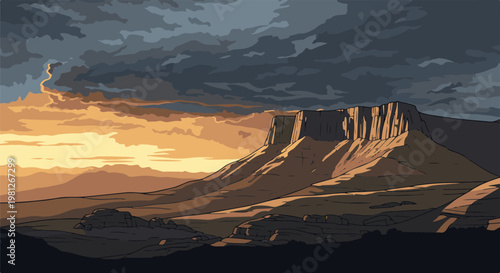 Dramatic sunset over a majestic mesa with dramatic storm clouds above